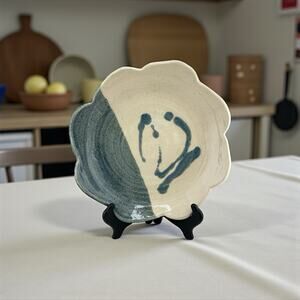 Hand Made Ceramic Dish w/ Scalloped Edge Signed PM Blue Cream Abstract Design